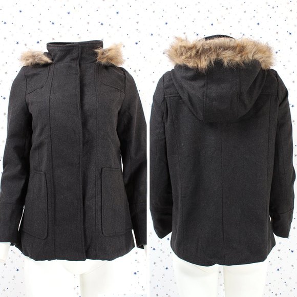 Jackets & Blazers - Charcoal Faux Fur Hooded Wool Blend Coat Jacket